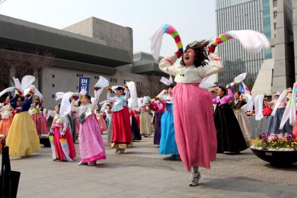 Gwanghwamun, Seoul South Korea March 31st, 2018: Members of a Christian organization dancing at street during Easter.