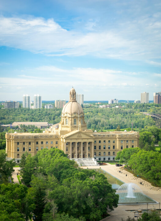 An aerial view of the Alberta Legislature Building, Alberta Legislature Grounds and High Level Bridge in Edmonton, Canada.